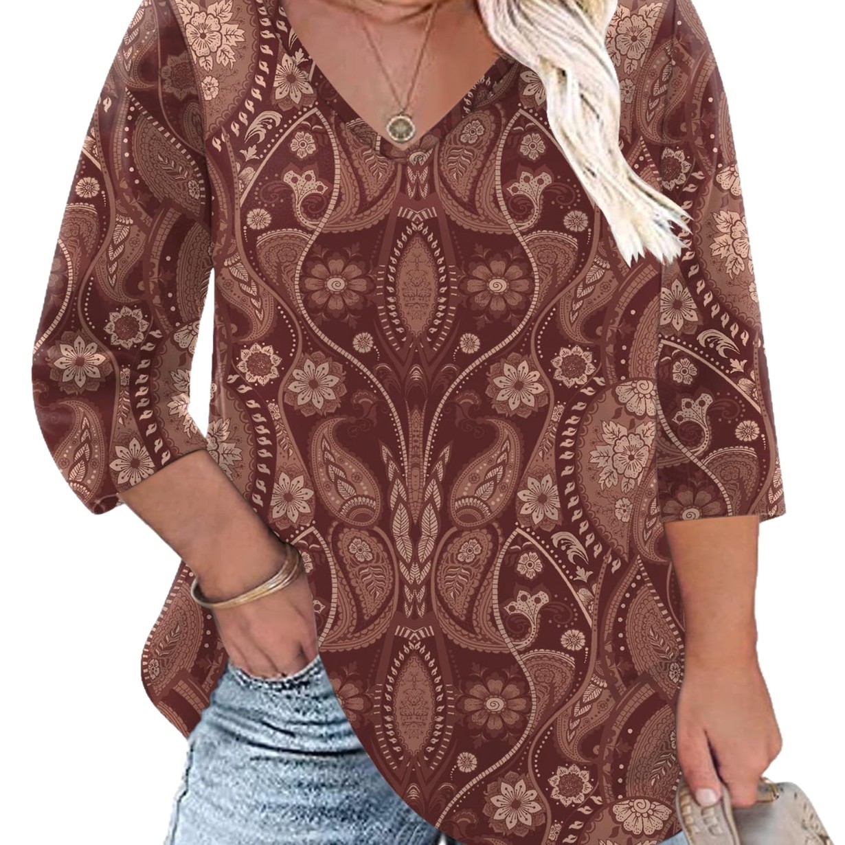 Women's Floral Print V-Neck Loose Long Sleeve T-Shirt