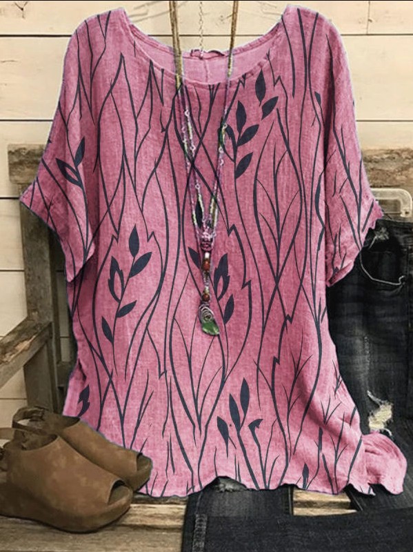 Women's Leaf Print Half-Sleeve T-Shirt