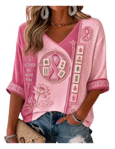 Ribbon Floral Mahjong Print V-Neck Mid-Sleeve T-Shirt