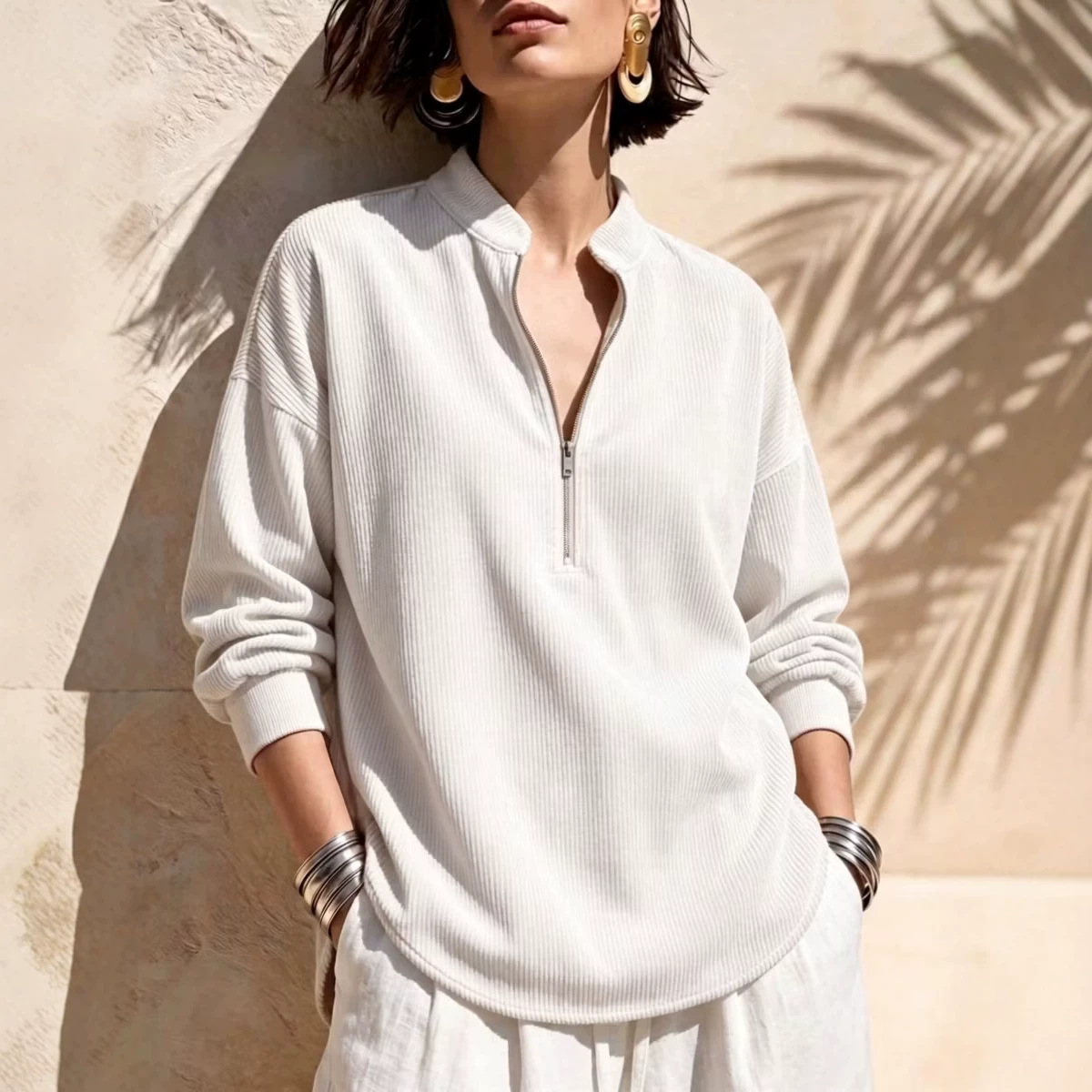 Women's Solid Corduroy Stand Collar Long Sleeve Loose Casual Top