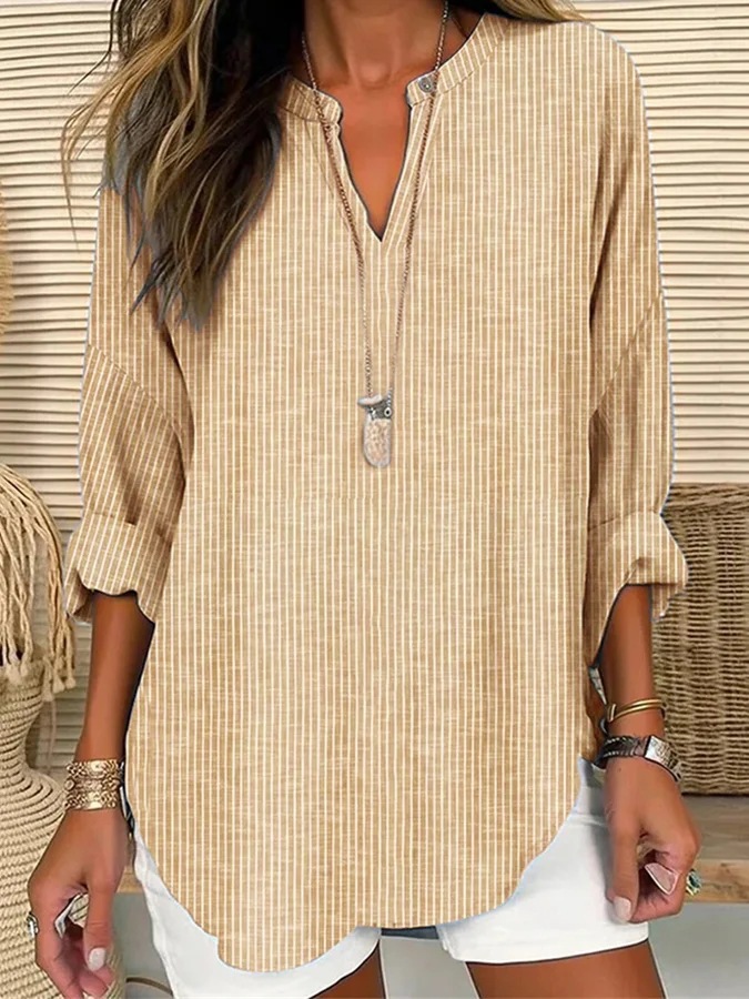Women's Solid Print V-Neck Long Sleeve T-Shirt