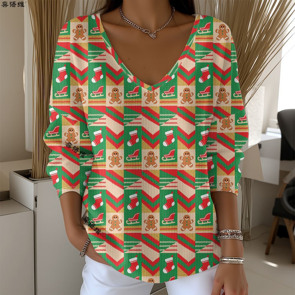 Christmas Snowman Reindeer Bow Print V-Neck Long Sleeve T-Shirt