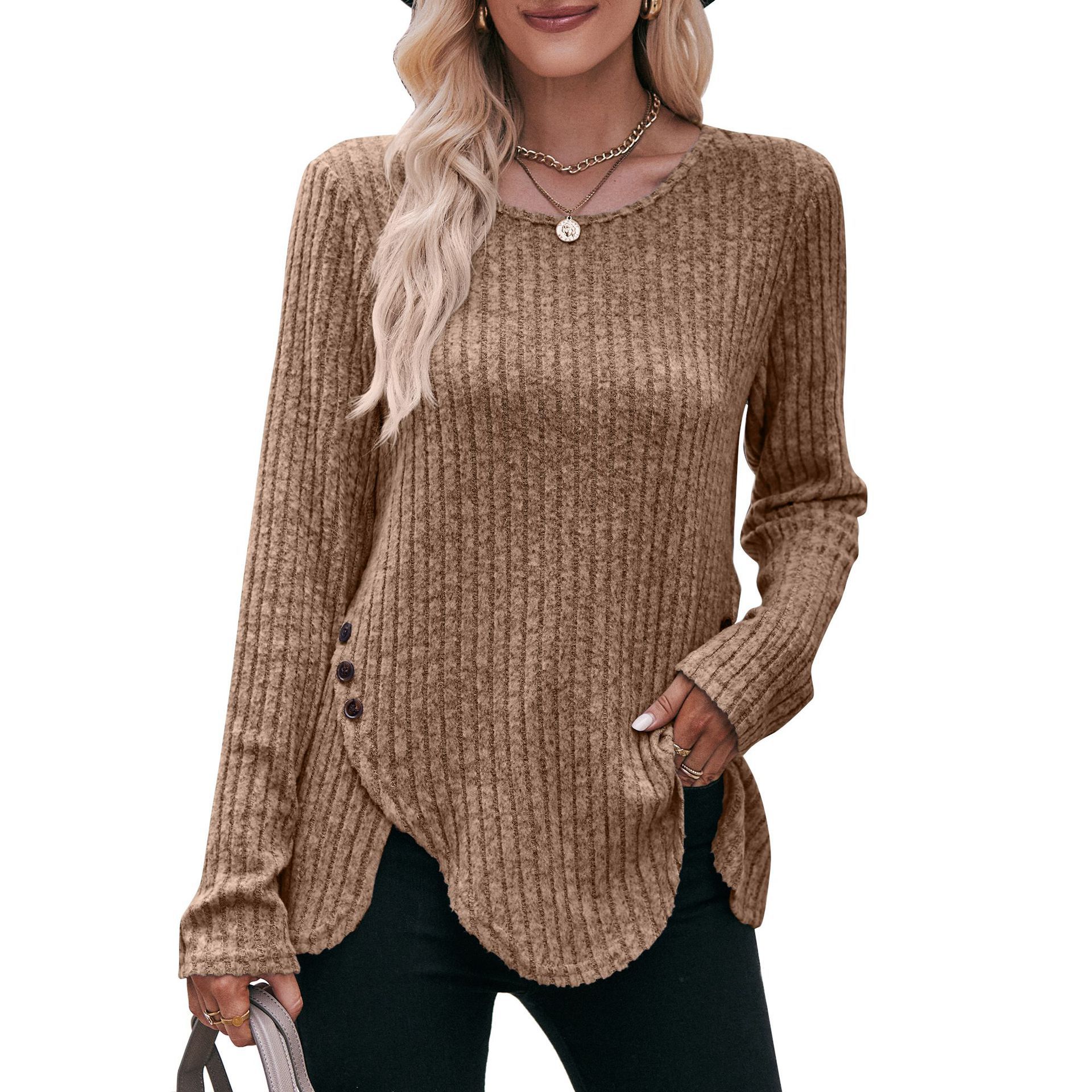 Women's Ribbed Brushed Crewneck Long-Sleeve Button T-Shirt
