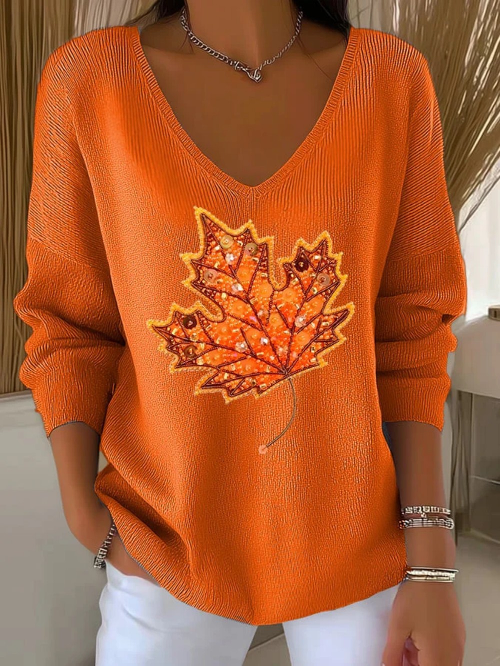 Maple Leaf Print V-Neck Long Sleeve T-Shirt