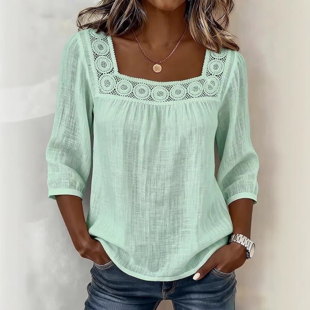 Women's Summer Square Neck Lace Trim 3/4 Sleeve Cotton Linen Top