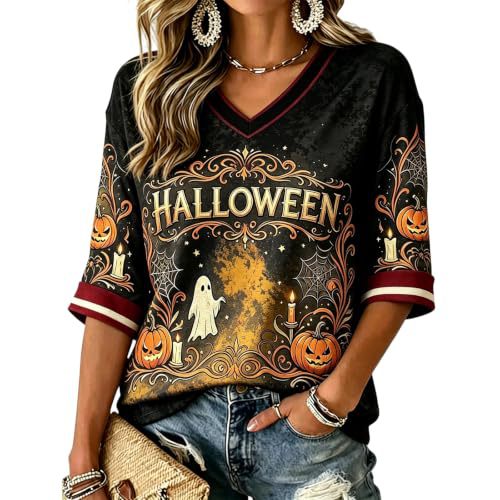 Halloween Pumpkin Shadow Print V-Neck Mid-Sleeve Women's T-Shirt