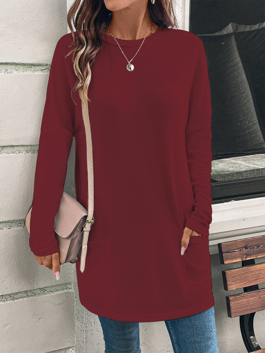Women's Solid Color Long Sleeve Loose Crewneck Pocket T-Shirt