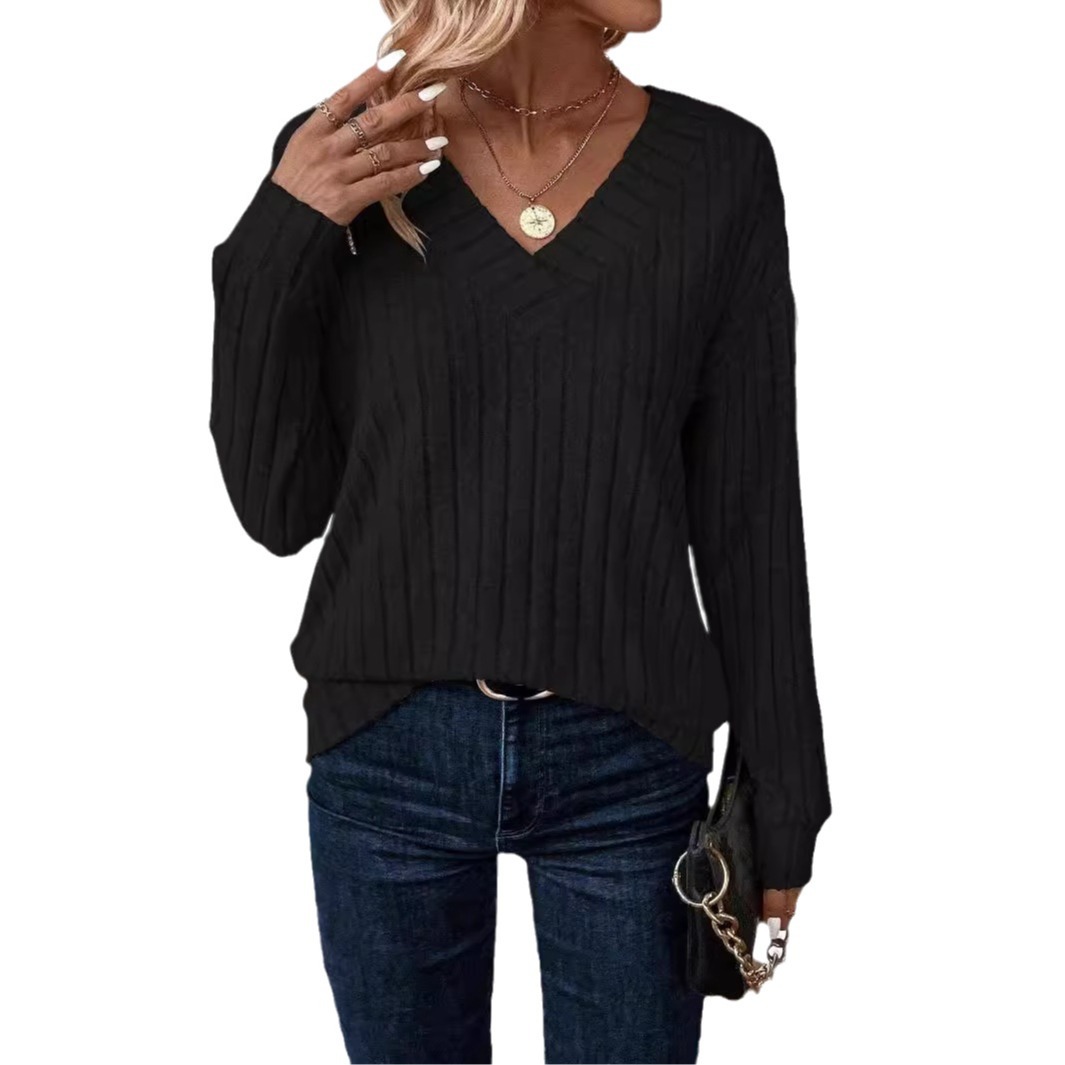Long Sleeve V-Neck Knit T-Shirt Casual Solid Color Top for Women
