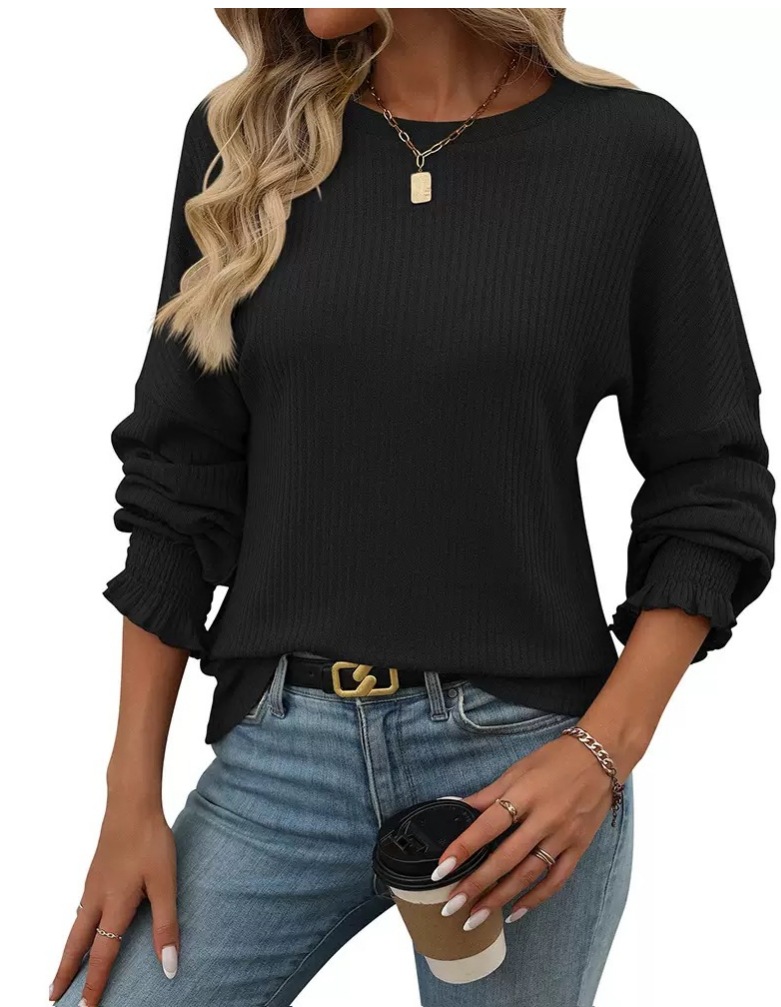 Women's Ribbed Knit Crewneck Long Sleeve Loose T-Shirt