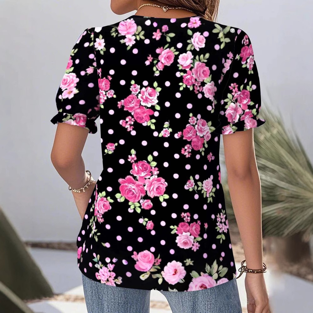 Women's Printed V-Neck Short Sleeve Top