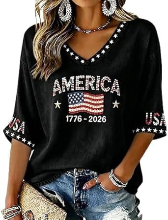 Women's American Flag Firework Print V-Neck Short Sleeve T-Shirt