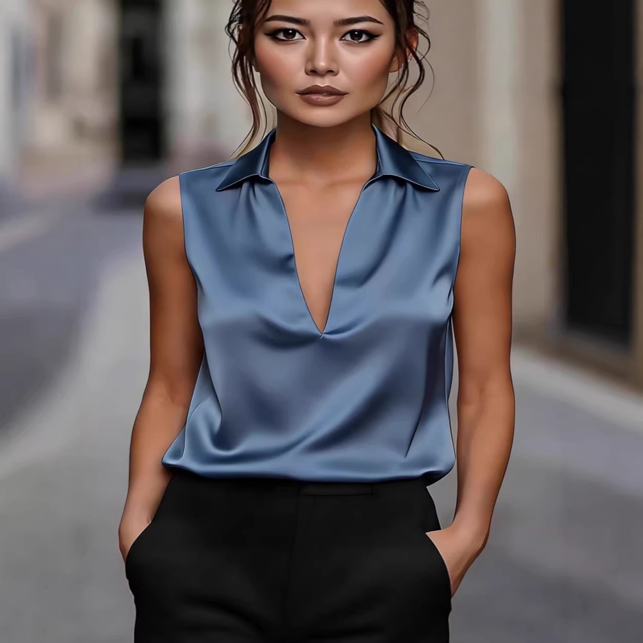Satin Sleeveless V-Neck Top for Women