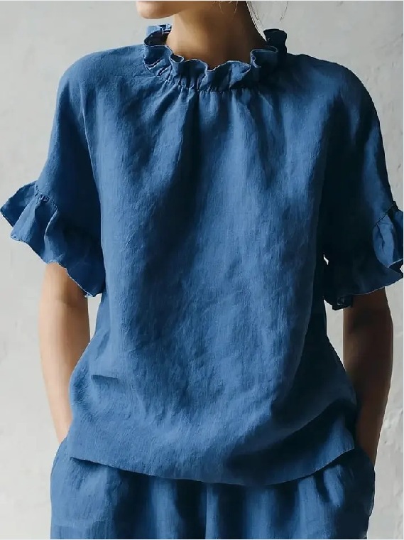 French Vintage Ruffle Ruched Crew Neck Cotton Linen Short Sleeve Top