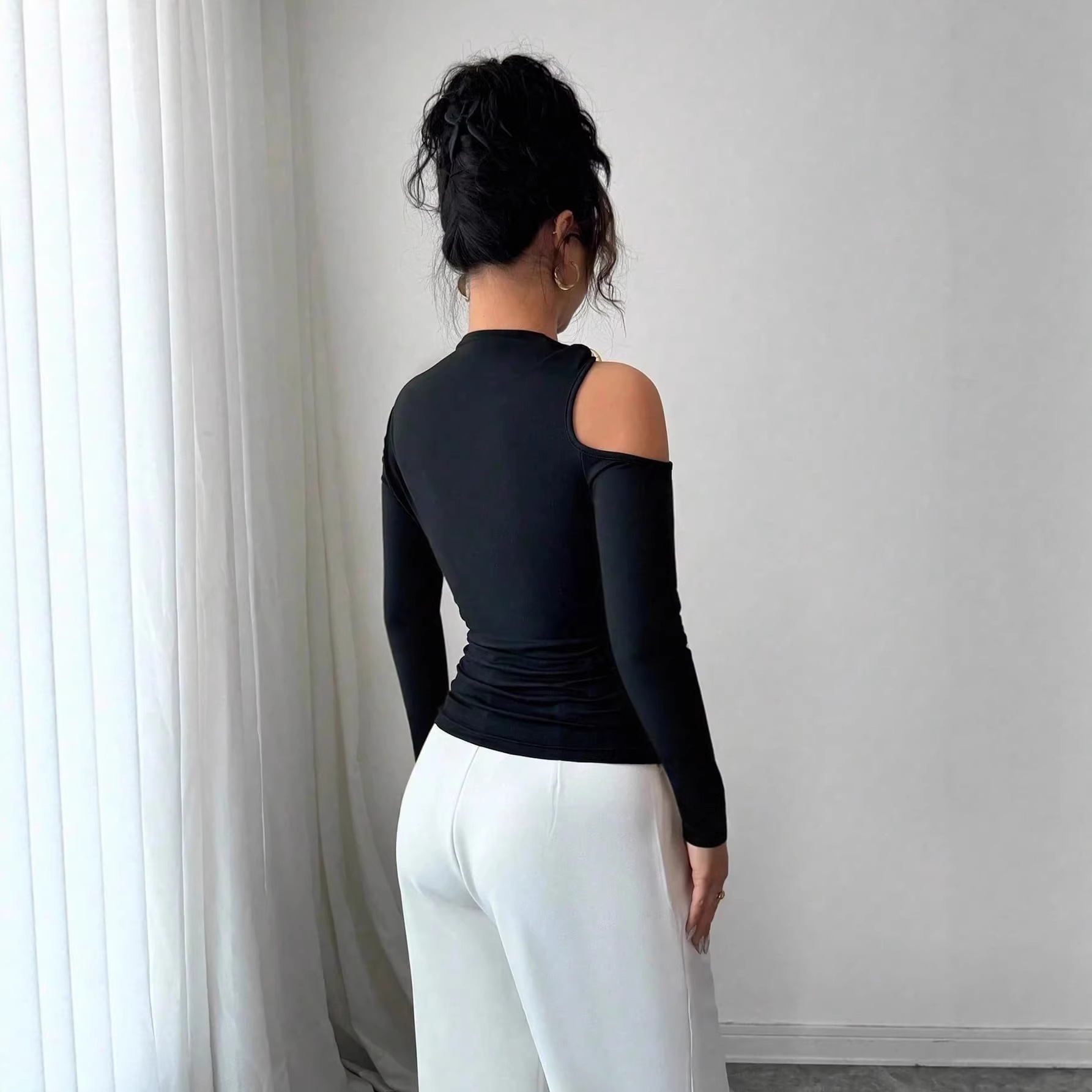 Asymmetric One-Shoulder Metal-Trim Slim-Fit Top