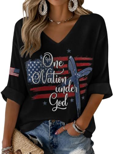 American Flag Letter Print V-Neck Half-Sleeve T-Shirt for Women