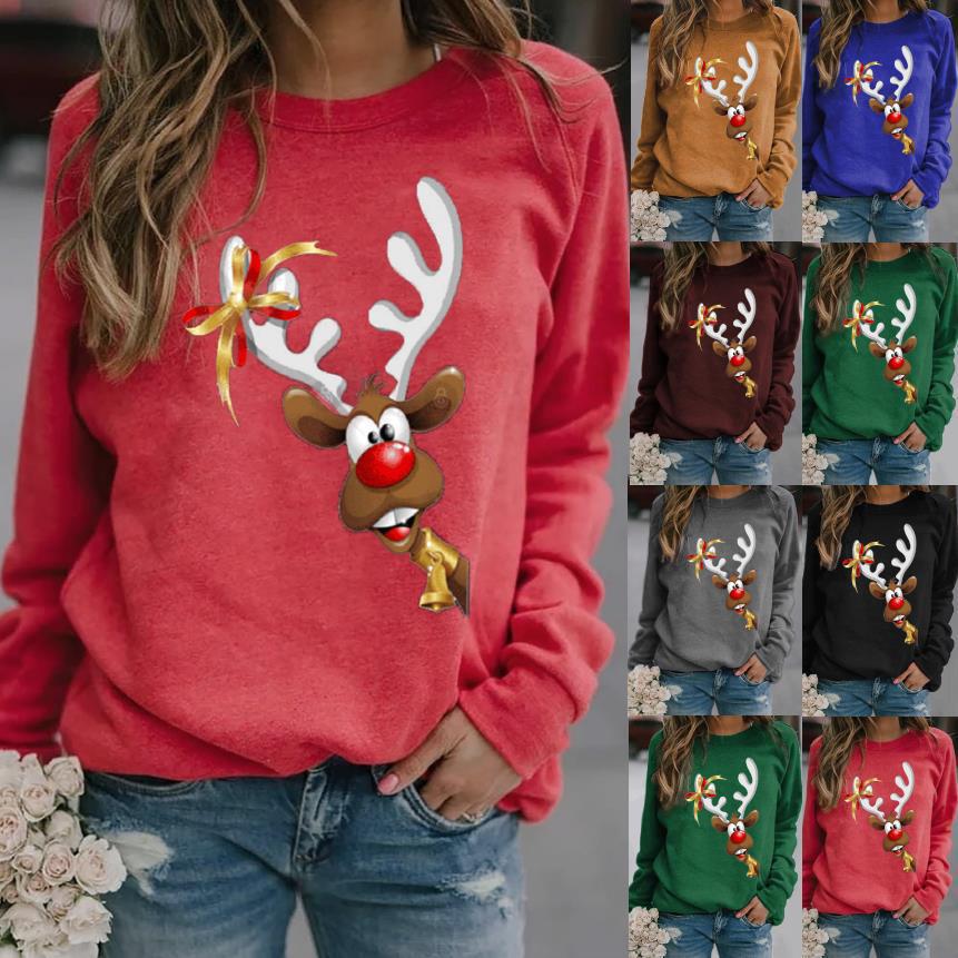 Christmas Deer Print Long-Sleeve Crewneck T-Shirt for Women