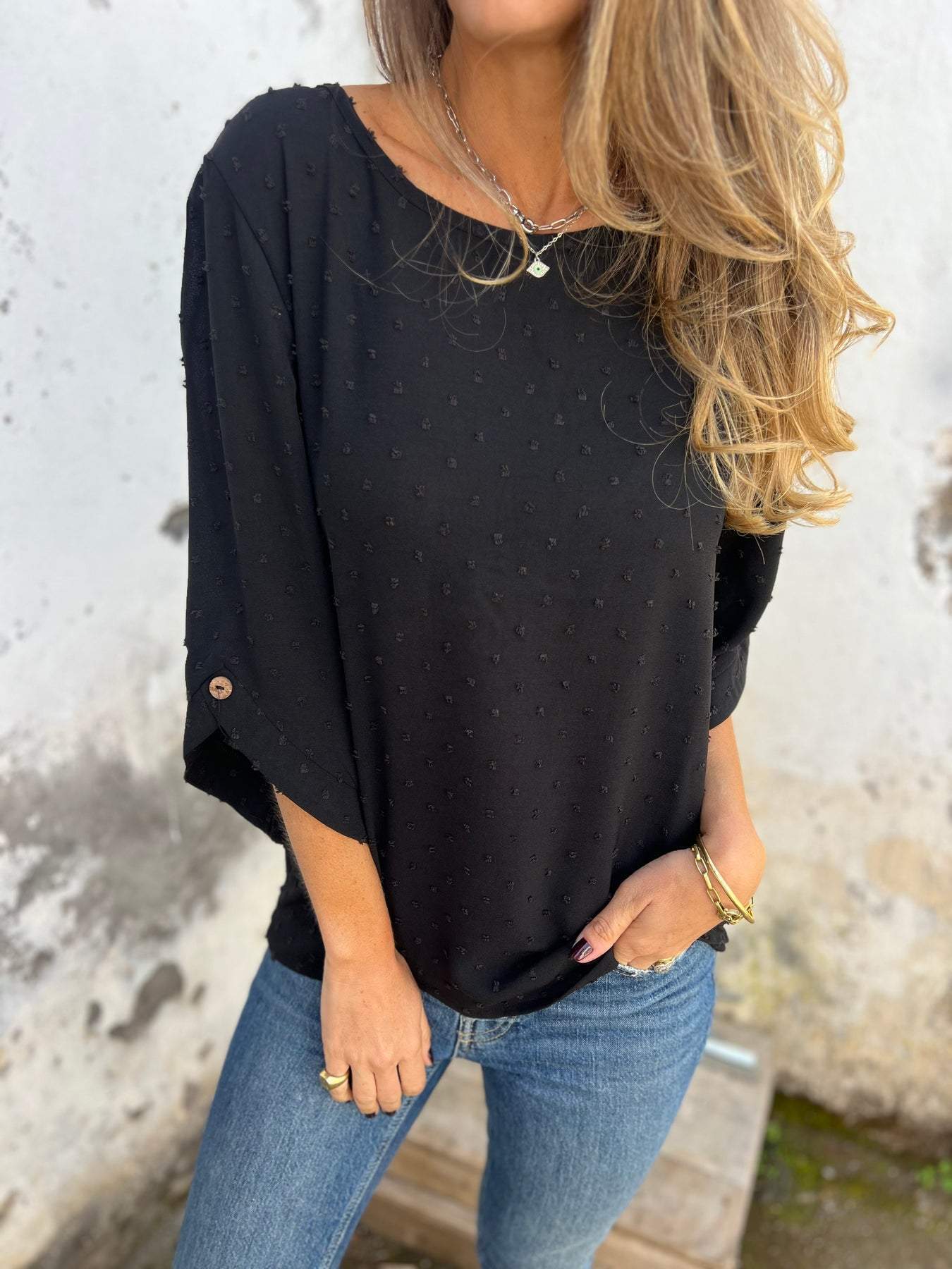 Women's Spring Autumn Round Neck Chiffon Jacquard Loose Fit Casual Top T-Shirt