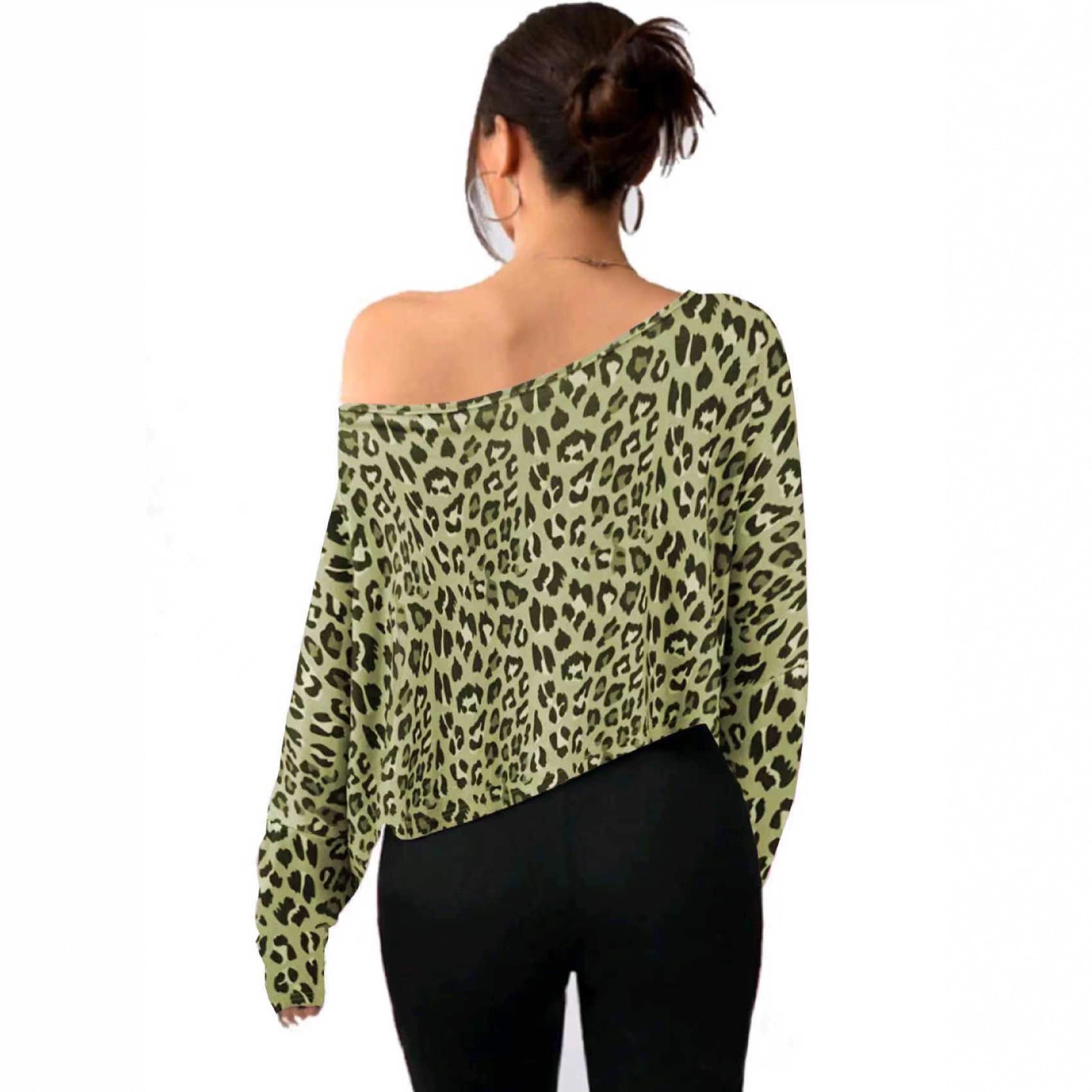 Women's One-Shoulder Leopard Print Long-Sleeve Cropped Top