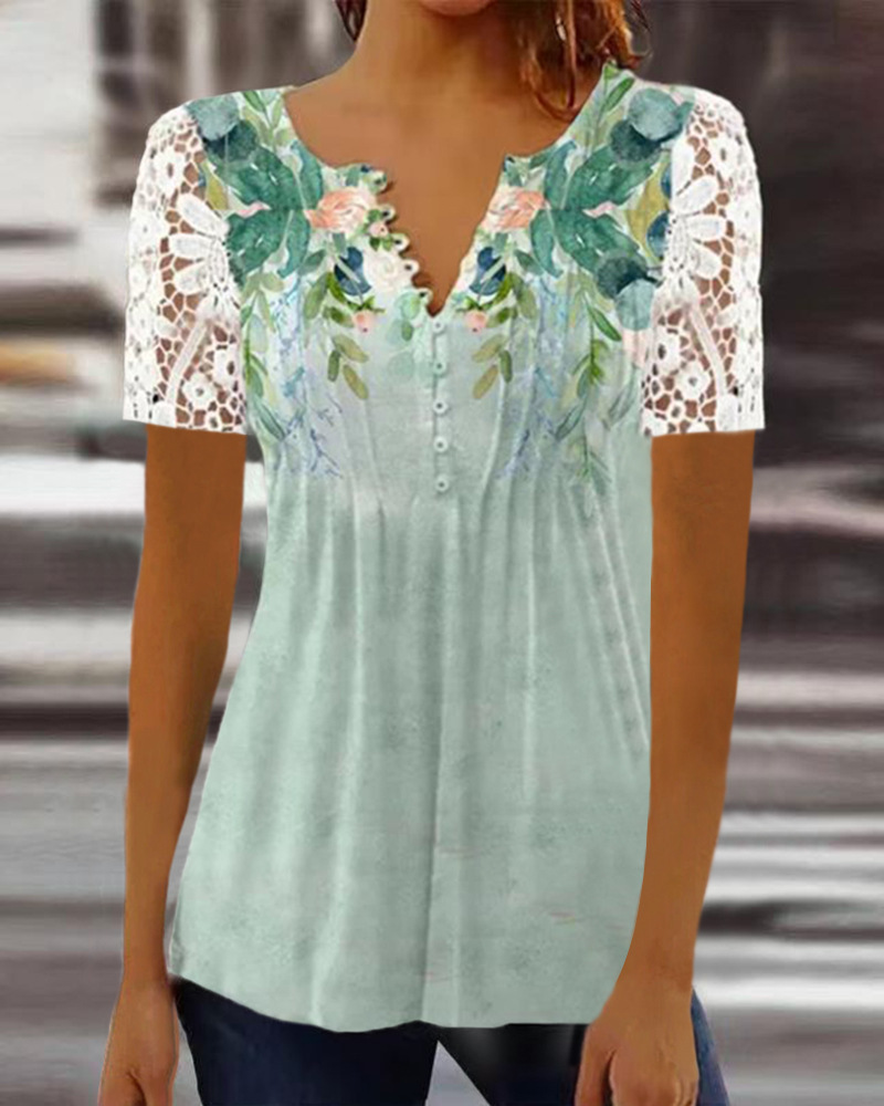 Women's Lace Trim Pleated Solid Button T-Shirt