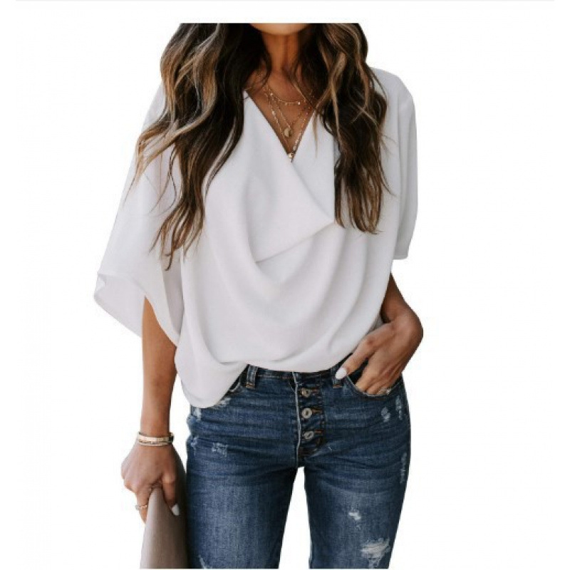 Women's Summer Chiffon V-Neck Loose Short Sleeve Top