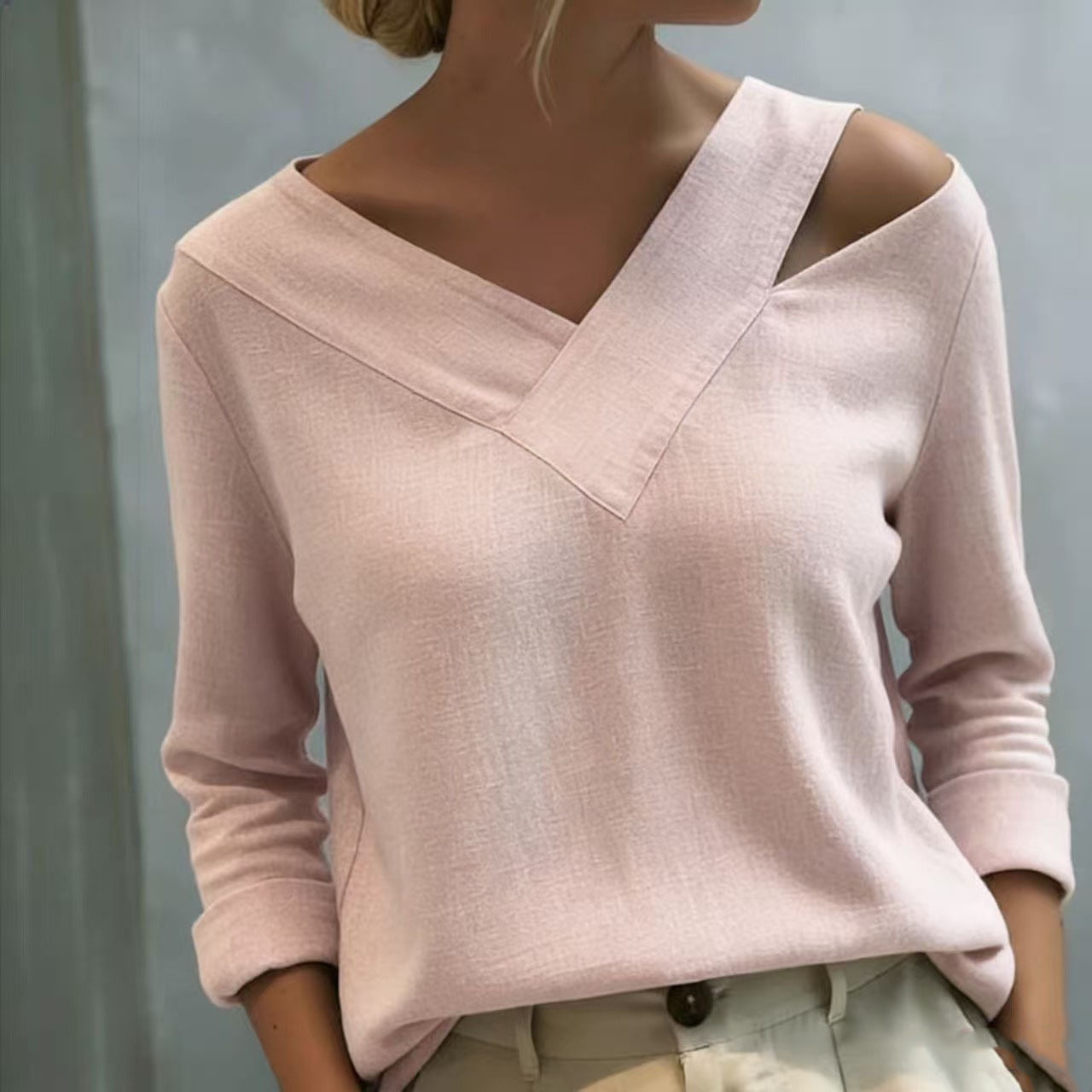 Elegant Off-Shoulder V-Neck Long-Sleeve Solid Top