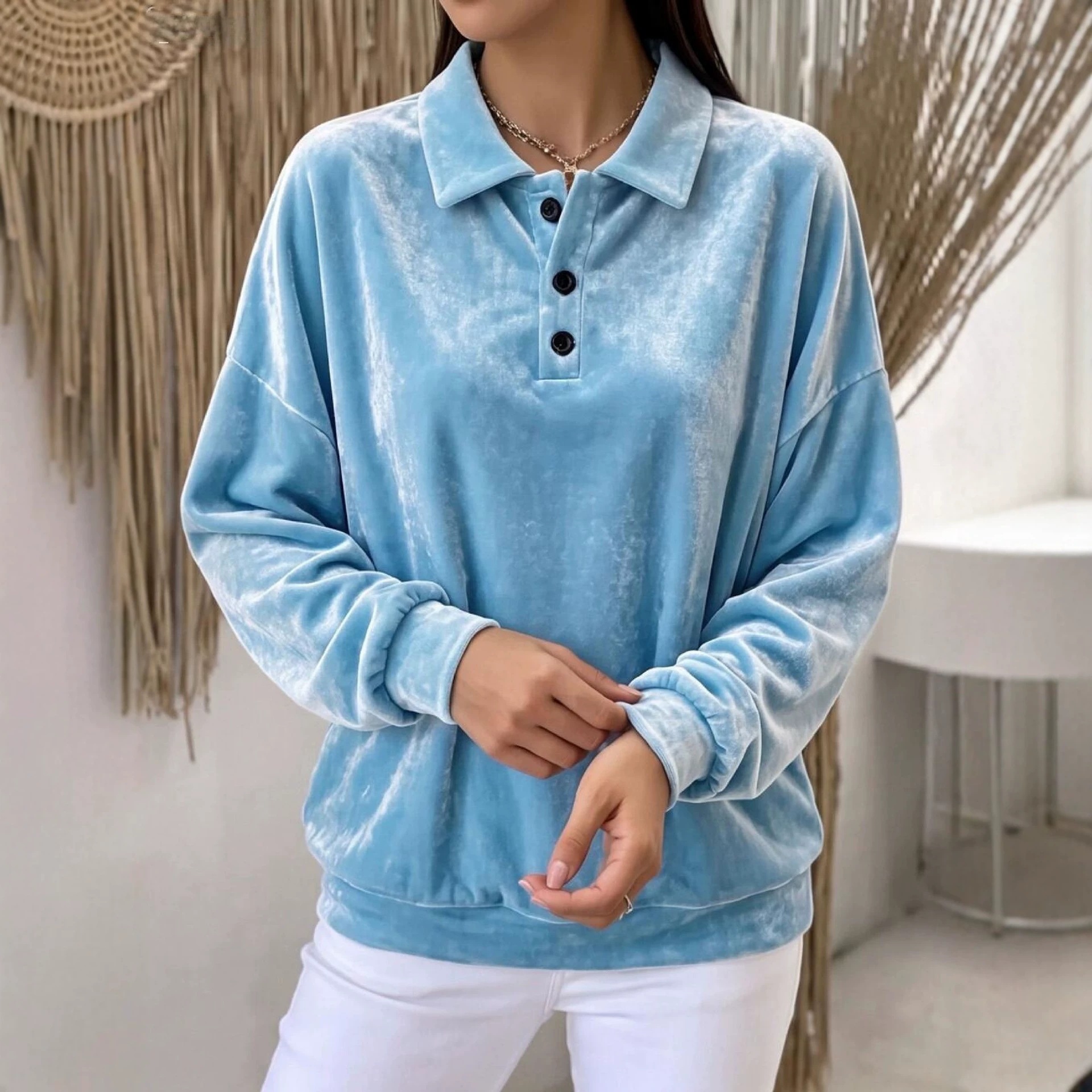 Velvet Sweatshirt with Collar Long Sleeve Solid Color Women's Casual Top
