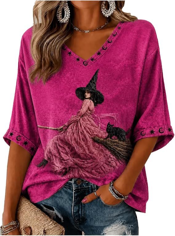 Halloween Witch Print V-Neck Half-Sleeve Women's T-Shirt
