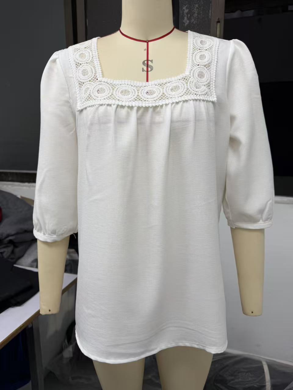 Women's Summer Square Neck Lace Trim 3/4 Sleeve Cotton Linen Top