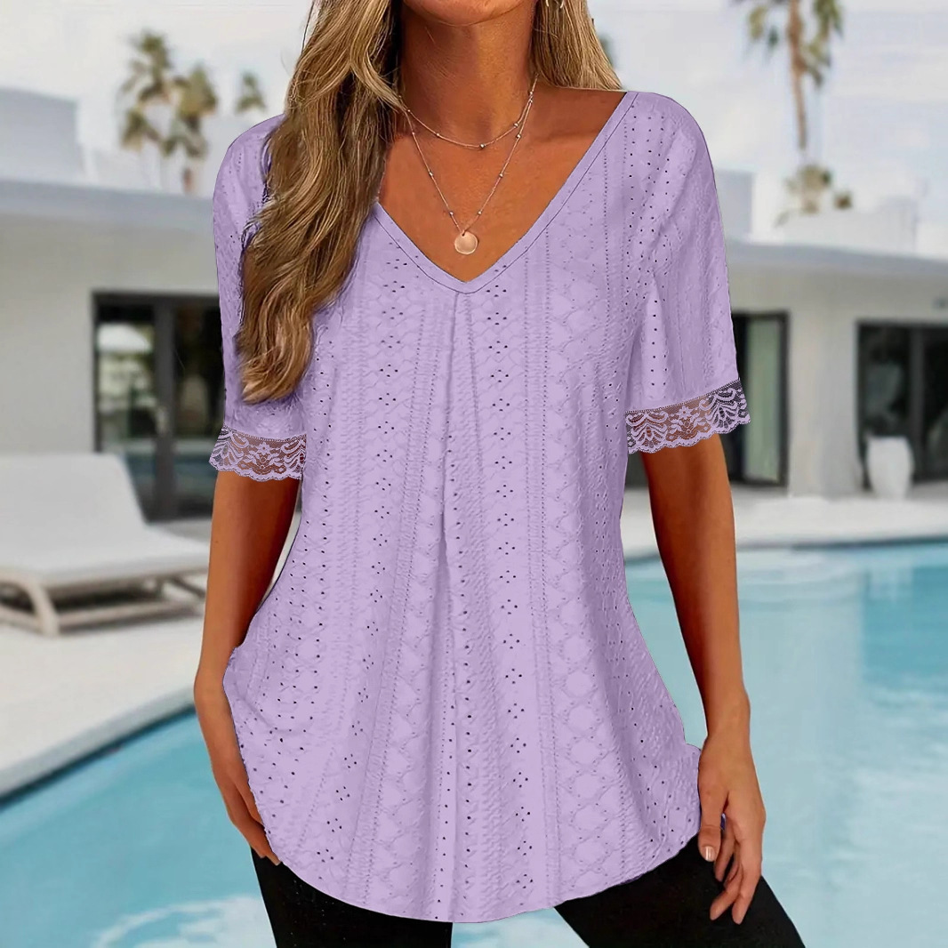 Women's Solid V-Neck Loose Short Sleeve Pleated T-Shirt