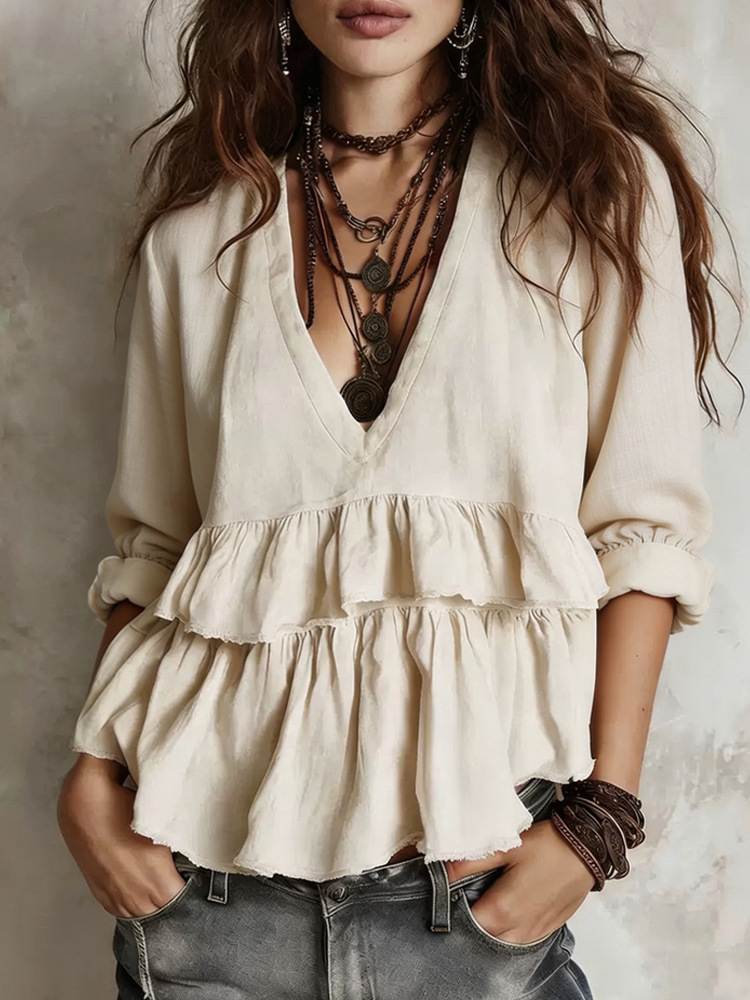 Women's Casual Long Sleeve V-Neck Solid Color Top T-Shirt