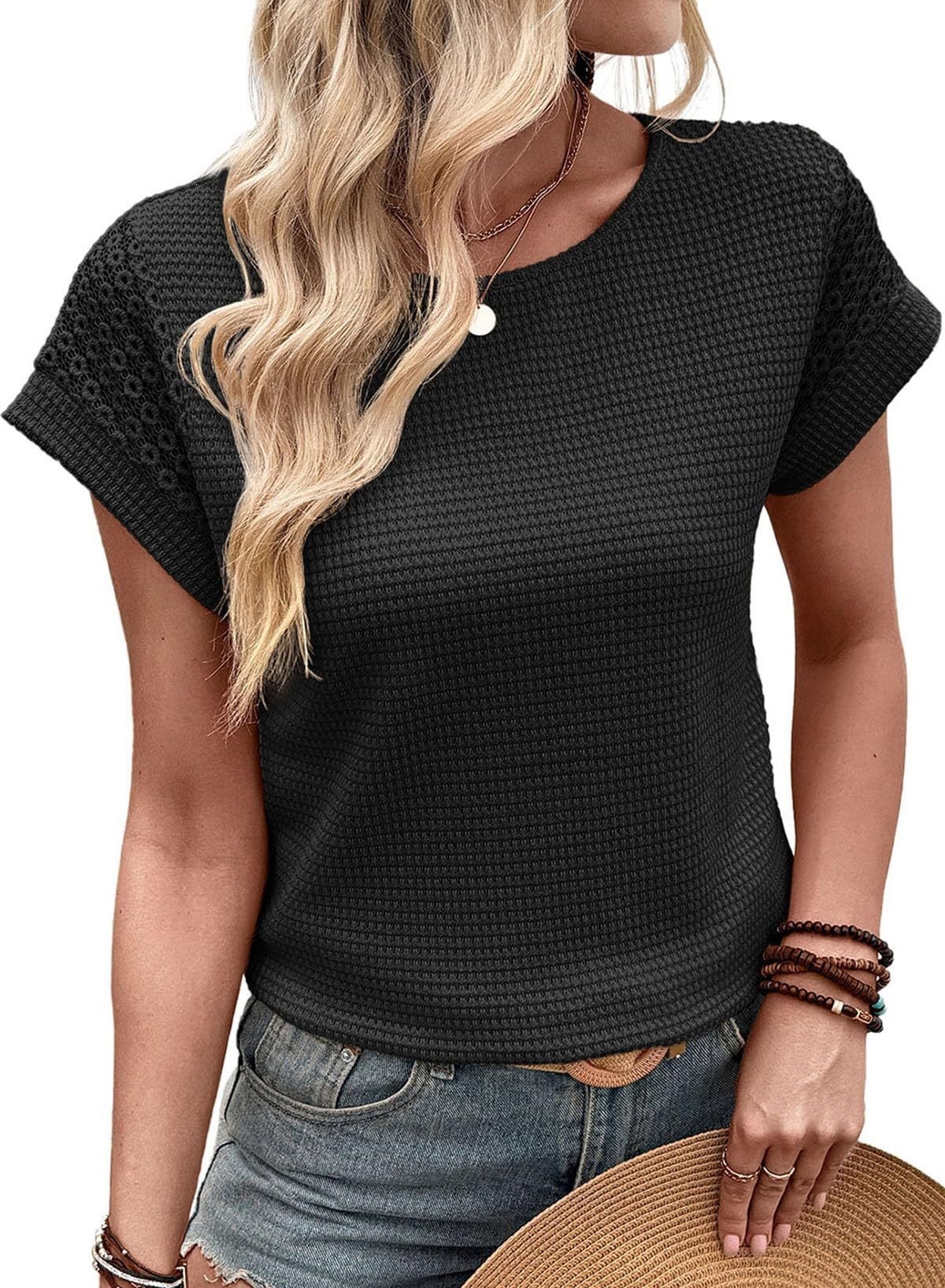 Women's Waffle Knit Lace Hollow-Out Short-Sleeve Crewneck T-Shirt