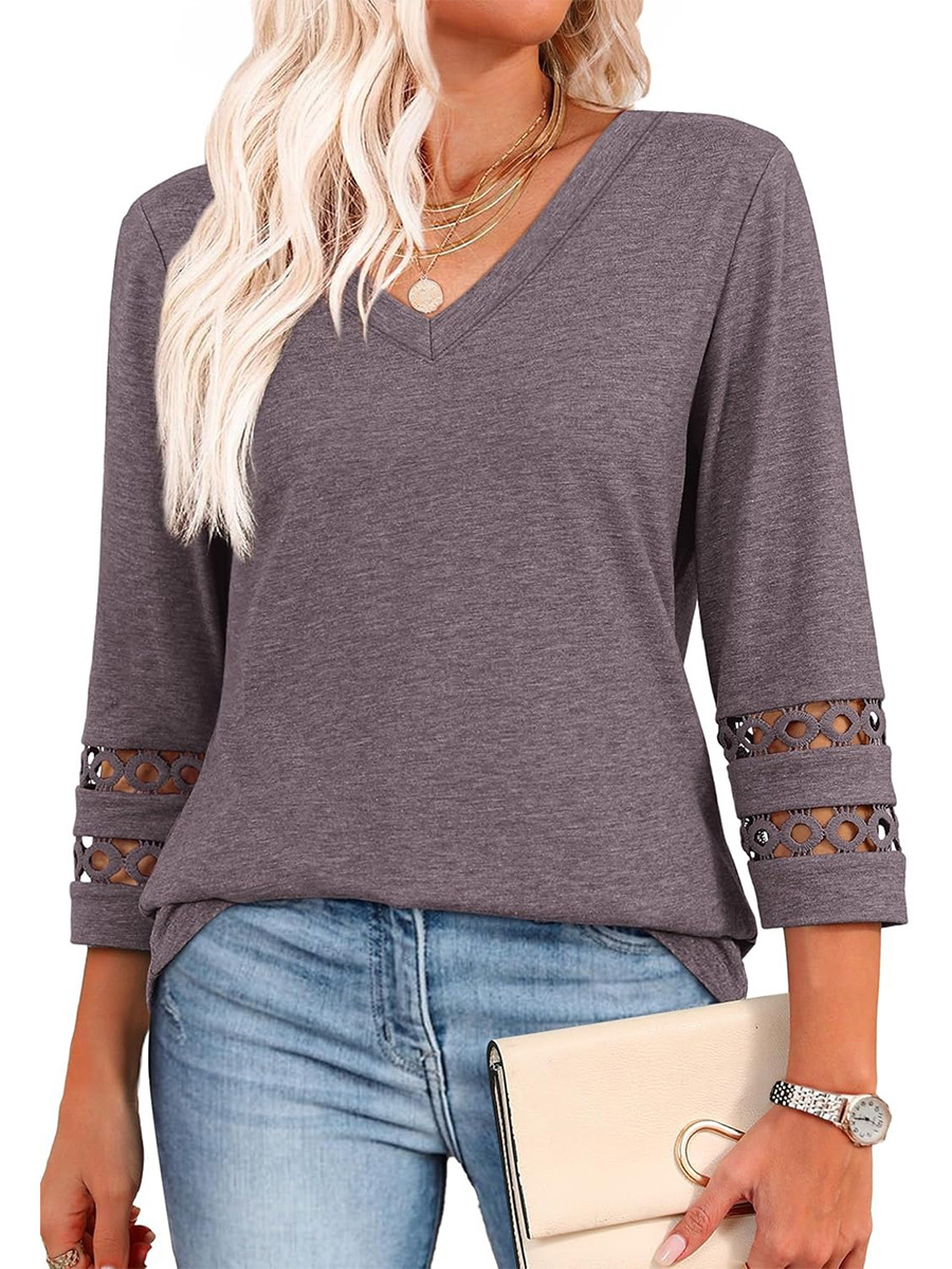 Women's Loose V-Neck 3/4 Sleeve Knit Top with Hollow-Out Detail