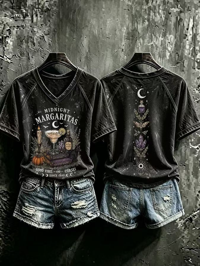Fantasy Graphic Front and Back Print V-Neck T-Shirt