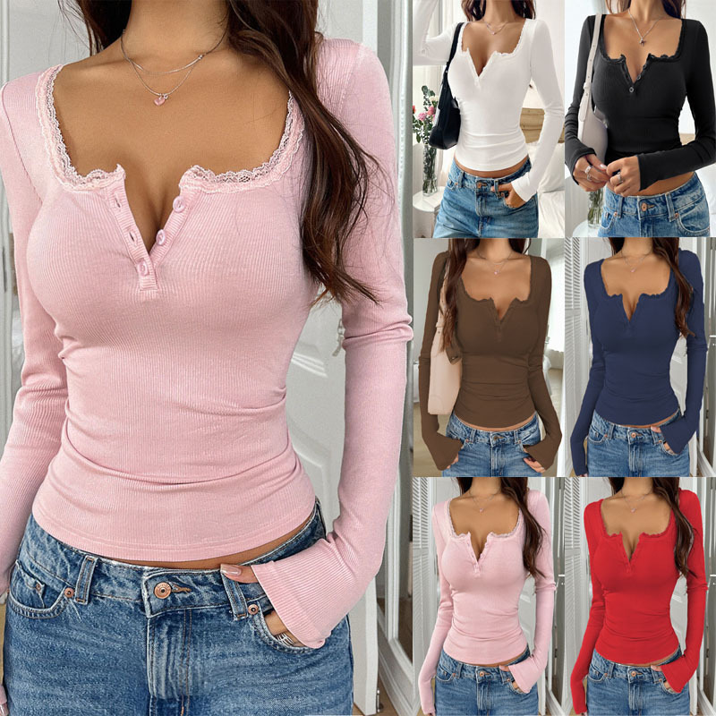 Lace Button V-Neck Slim Fit Long Sleeve Women's Top