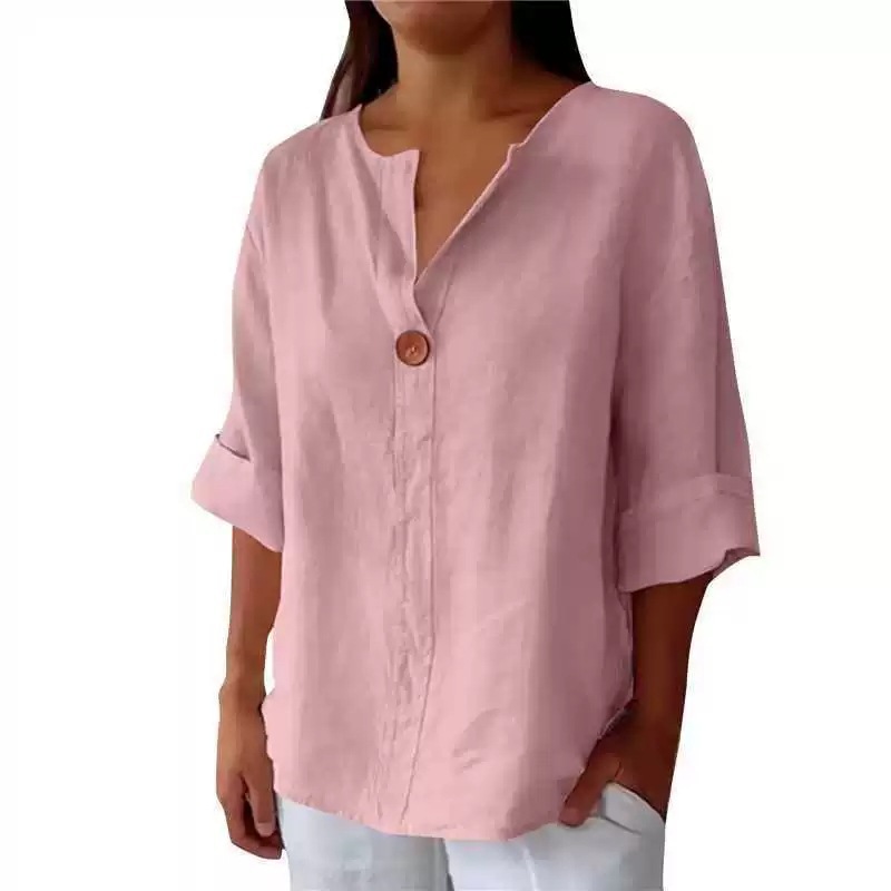 Women's Loose V-Neck Button Cotton-Blend T-Shirt