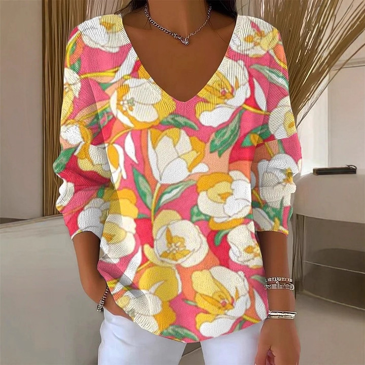 Women's V-Neck Long-Sleeve Floral Heart Strawberry Plaid Print T-Shirt