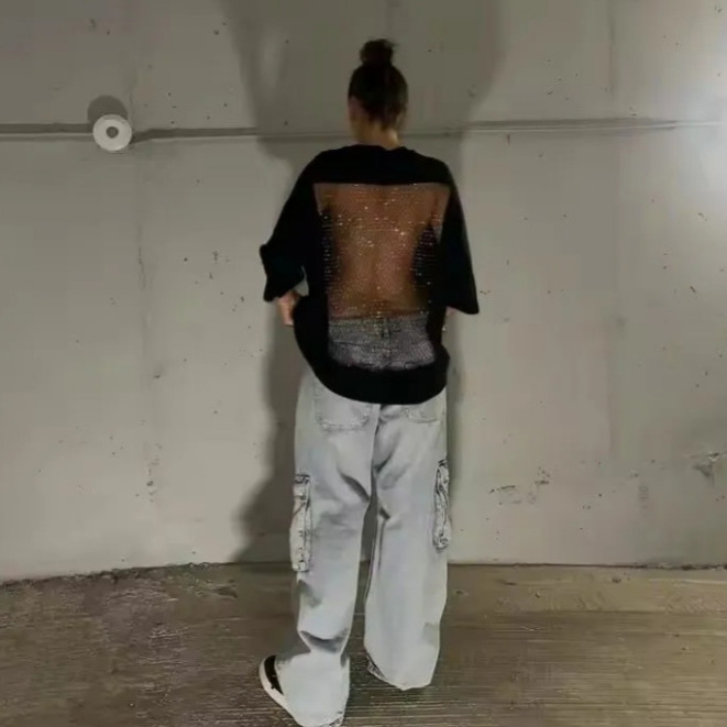 Women's Solid Crewneck Long Sleeve Loose Open Back Mesh Top
