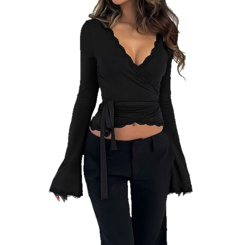 Women's Long Sleeve Lace Trim Tie V-Neck Crop Top Solid