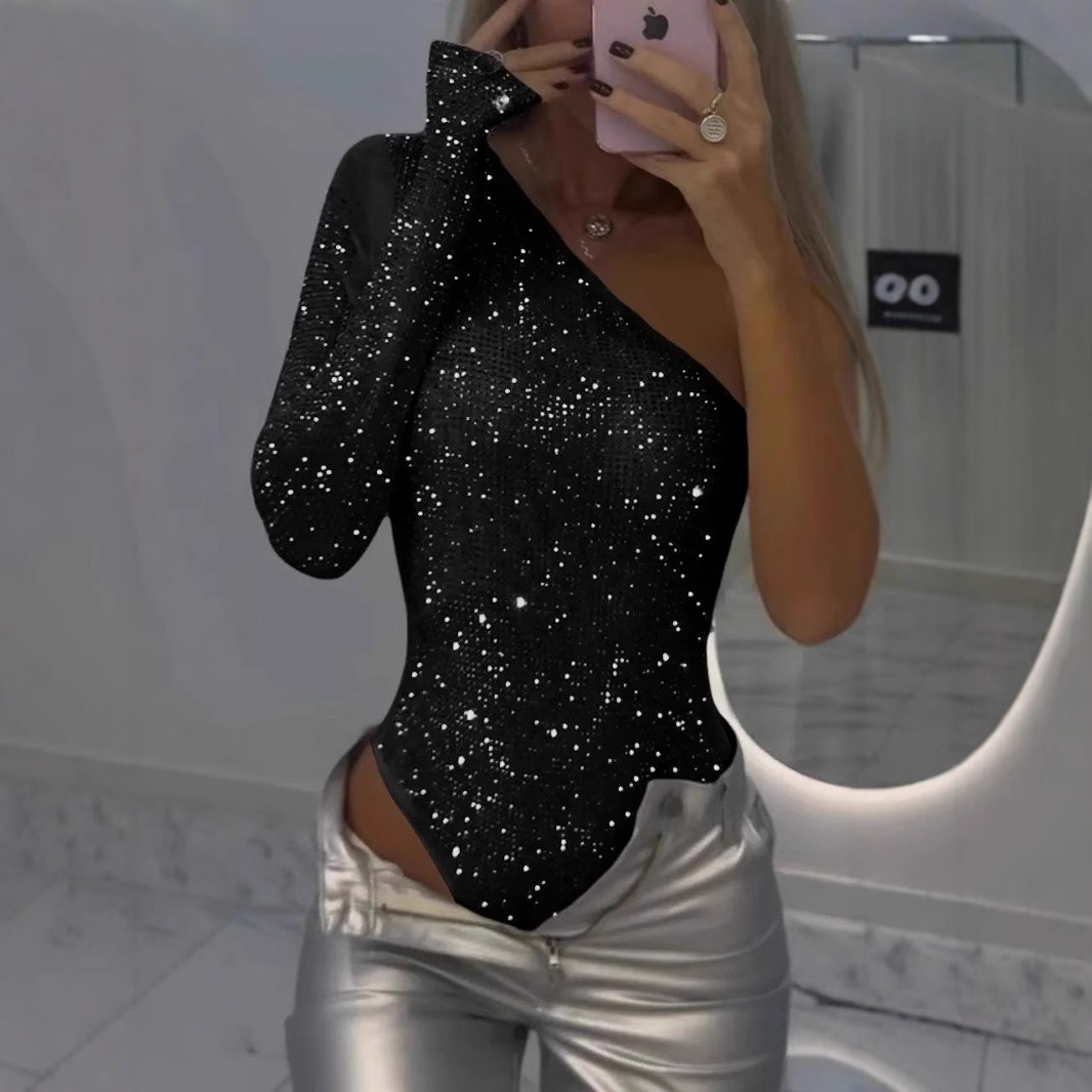 One-Shoulder Rhinestone Sequin Fitted Top