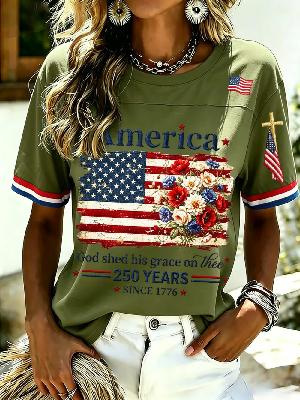 Women's Summer American 250th Anniversary Flag Print T-Shirt