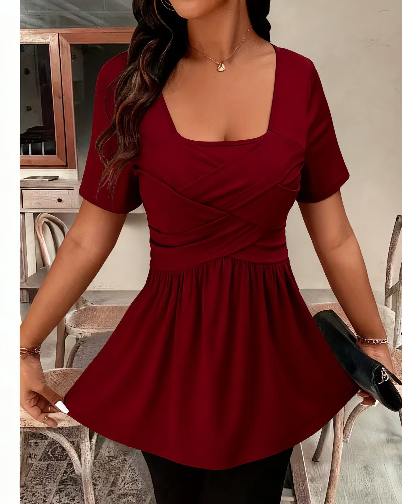 Women's Summer Short Sleeve Square Neck Cross Front Solid Casual T-Shirt