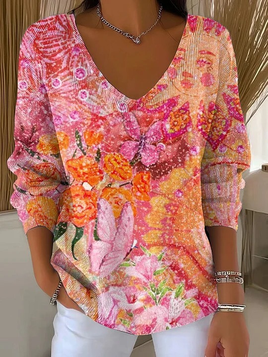 Dinosaur Floral Plaid V-Neck Long-Sleeve T-Shirt