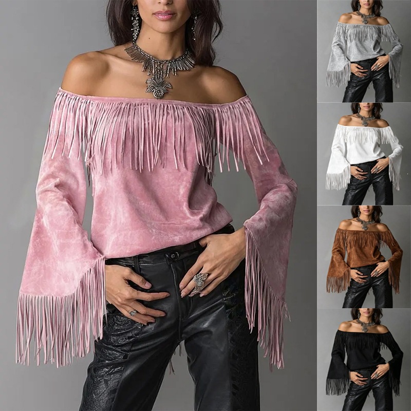 Women's Off-Shoulder Faux Suede Fringe Top with Flared Sleeves