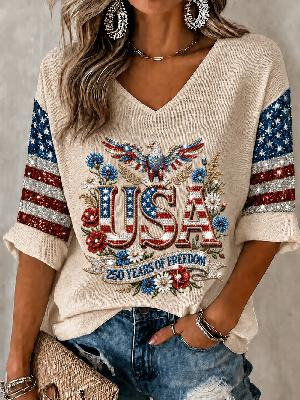 USA 250th Anniversary Print V-Neck Half-Sleeve Women's Top