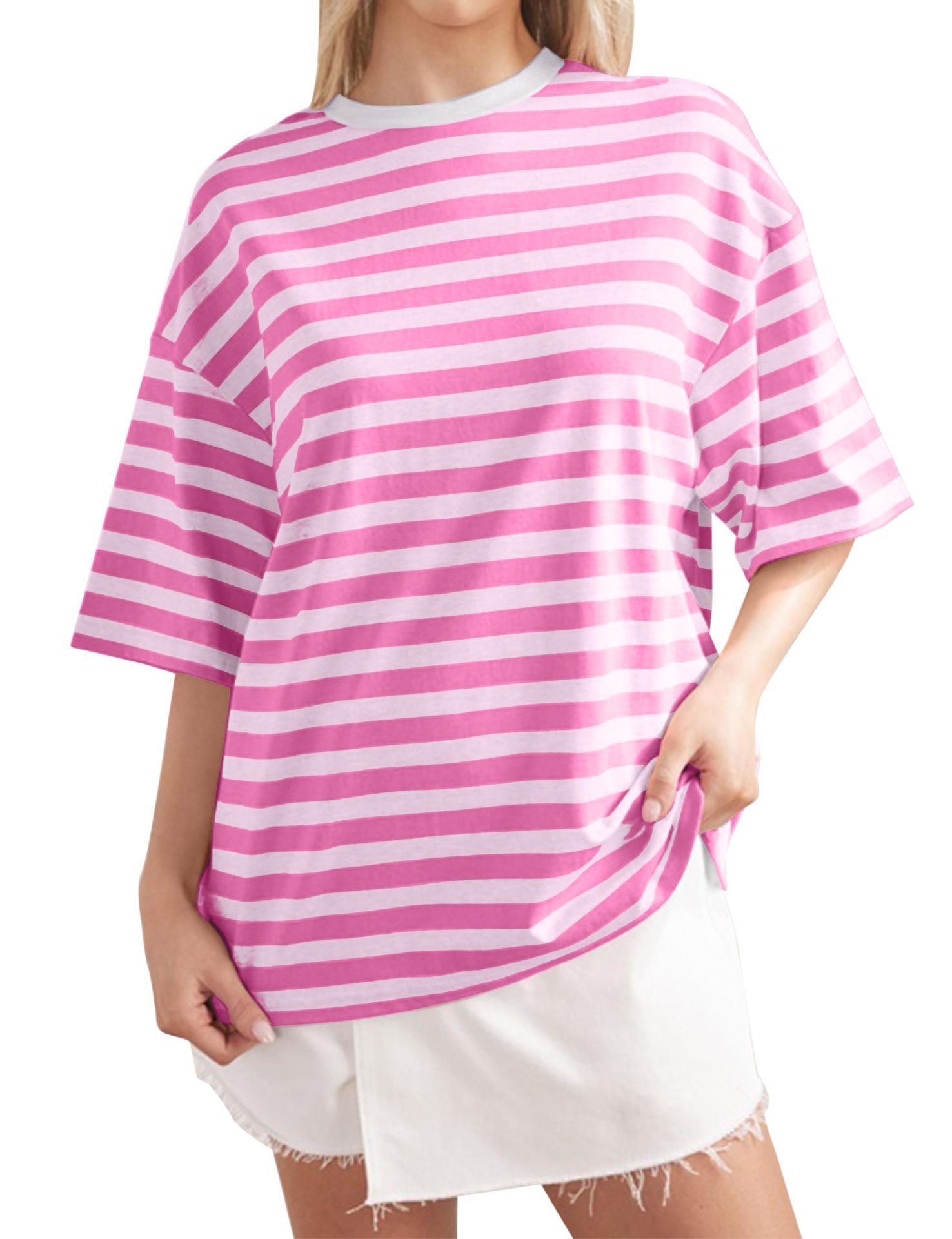 Striped Print Crewneck Half-Sleeve T-Shirt Casual Loose Fit