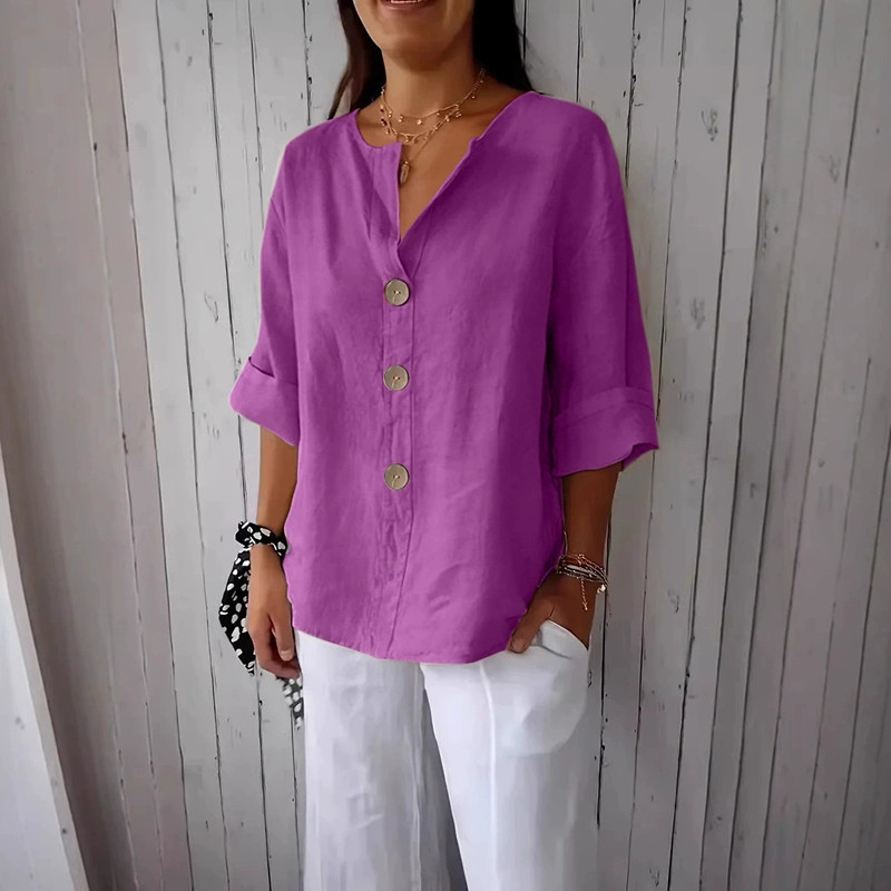 Women's Loose V-Neck Button Cotton-Blend T-Shirt