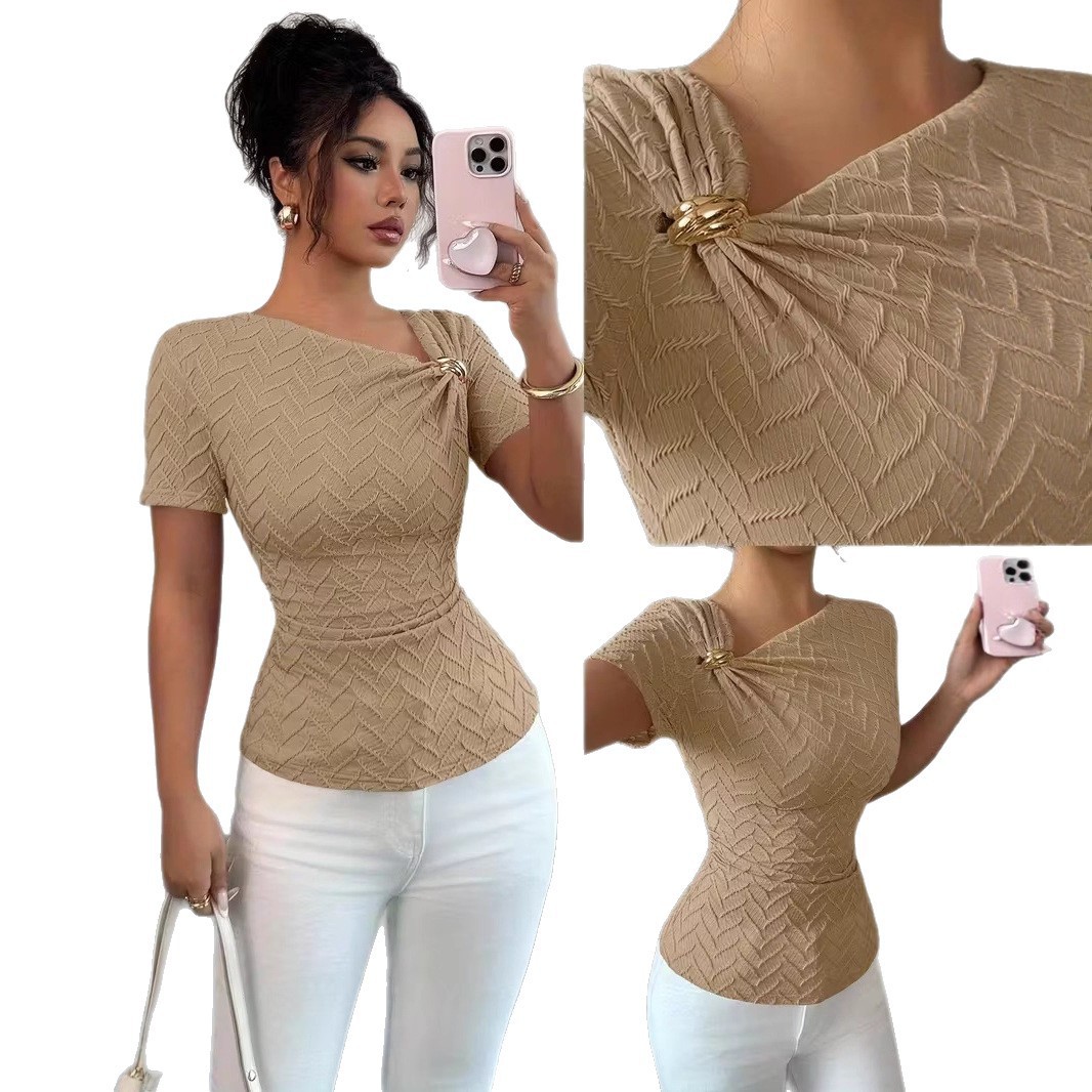 Women's Sexy Slim-Fit Asymmetric Neckline Metal-Trim Short-Sleeve T-Shirt