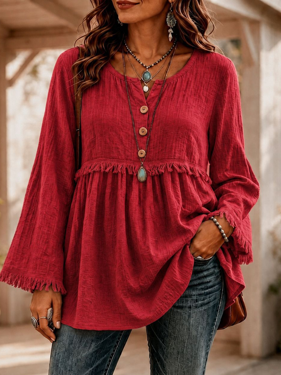 Women's Loose Fit Button Fringe Long Sleeve T-Shirt Solid Color Casual Top