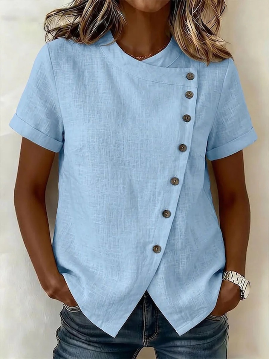 Stand Collar Asymmetric Button Cotton Linen Short Sleeve Shirt with Irregular Hem