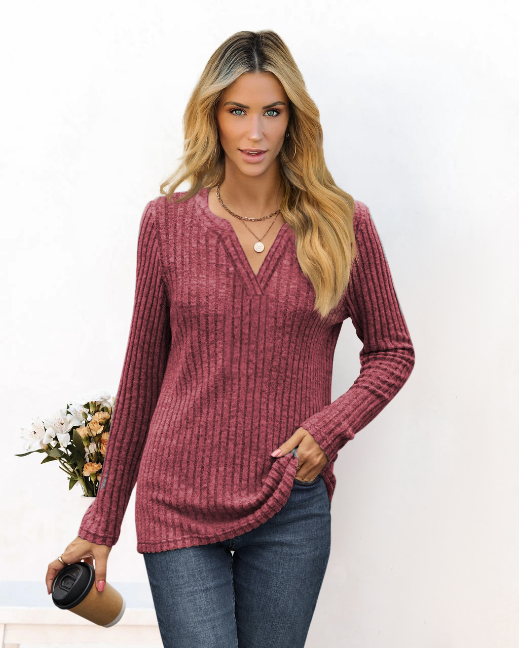 Women's Solid V-Neck Loose Long-Sleeve T-Shirt